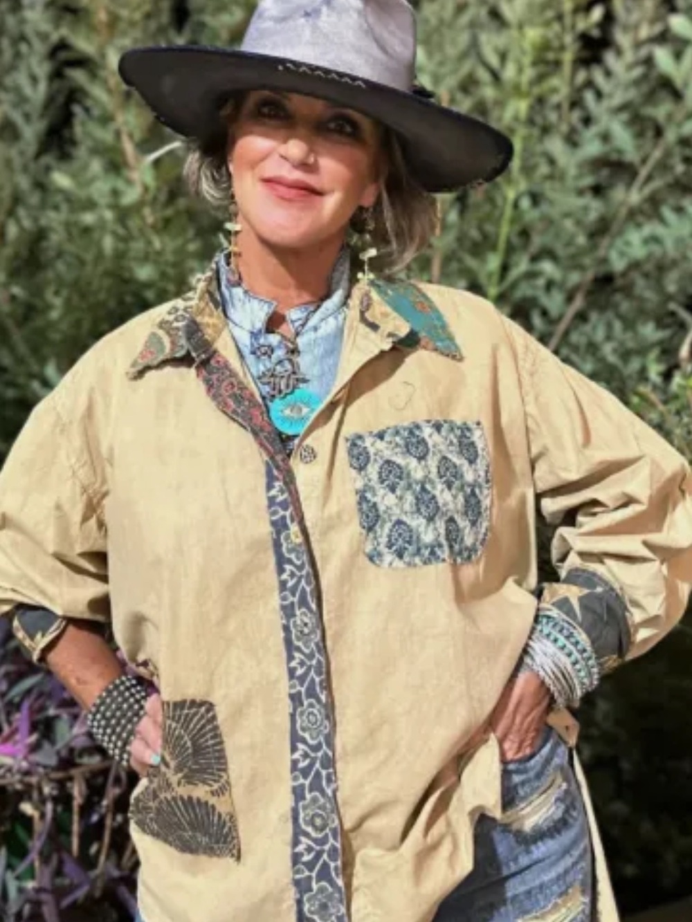 Jaded Gypsy One Size Boho Patchwork Button-Up Shirt in Taupe, Multicolor Accents